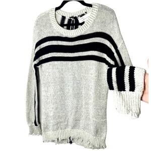 Havana Gray Black Stripe Distressed Long Sleeve Round Neck Sweater Zip Back SM